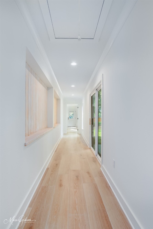 251 Jessie Jones Dr, Benton, LA 71006 - hall with attic access, baseboards, recessed lighting, and light wood-style floors