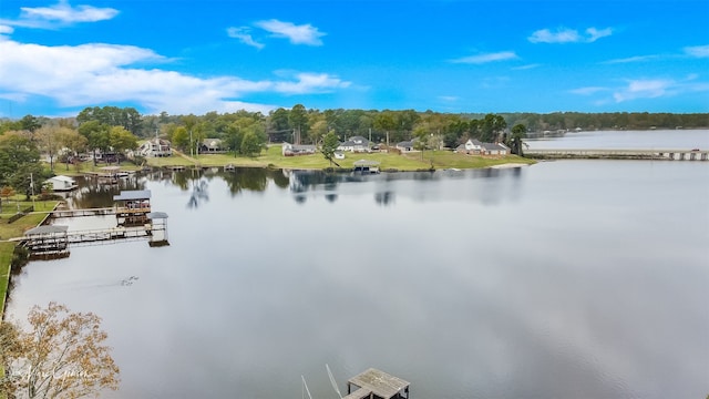 view of water feature with a dock