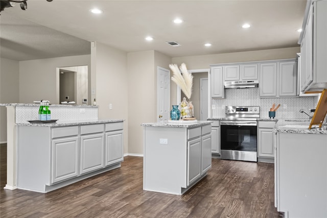 kitchen featuring electric stove, light stone counters, tasteful backsplash, a kitchen island, and dark hardwood / wood-style flooring