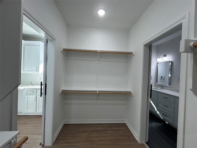 walk in closet featuring dark hardwood / wood-style flooring and sink