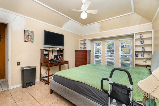 bedroom featuring light tile patterned floors and ceiling fan