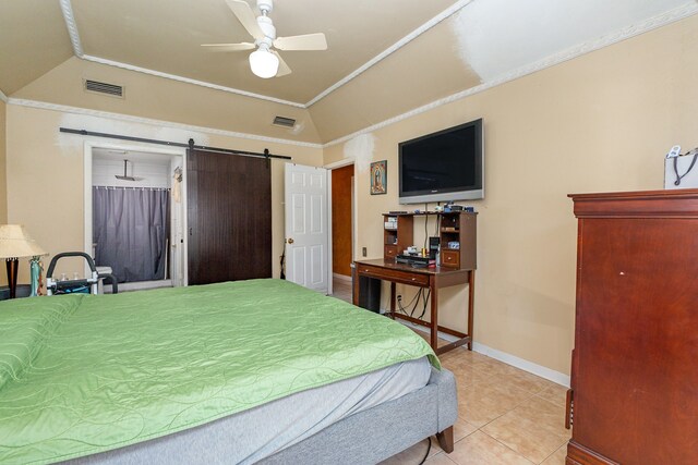 tiled bedroom with lofted ceiling, ornamental molding, a barn door, and ceiling fan