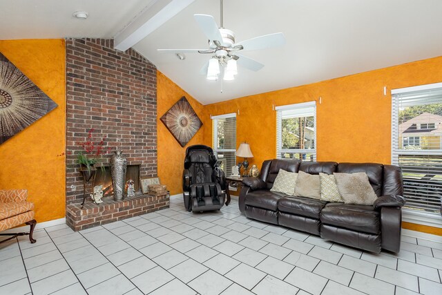 living room with lofted ceiling with beams, a brick fireplace, light tile patterned floors, and ceiling fan