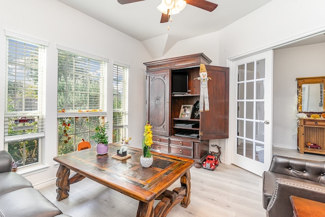 interior space featuring lofted ceiling and ceiling fan