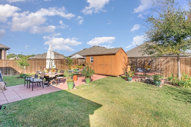 view of yard with a patio area and a storage shed