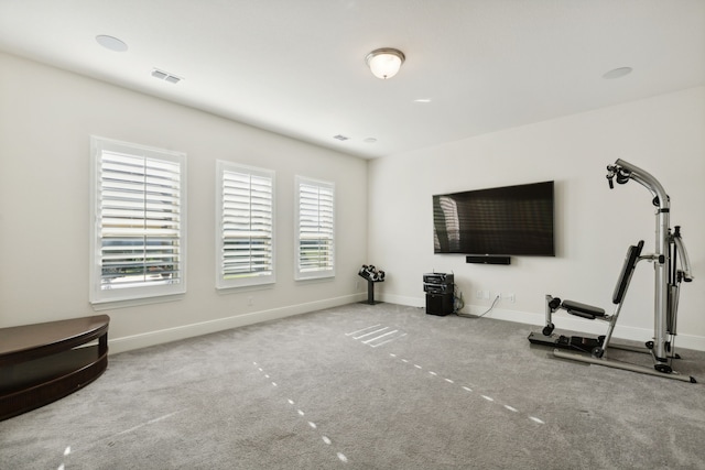 exercise area featuring light carpet