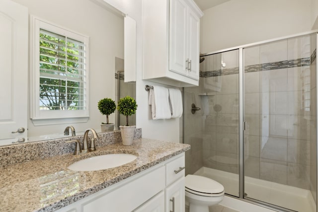 bathroom with vanity, a shower with shower door, and toilet