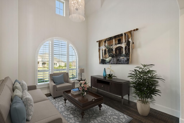 5405 Middleton Dr, Parker, TX 75002 - living area with a high ceiling, wood finished floors, and a chandelier