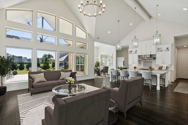 living room with a healthy amount of sunlight, beamed ceiling, dark wood-type flooring, and high vaulted ceiling