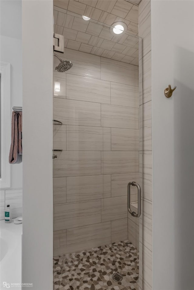 bathroom featuring a shower with door