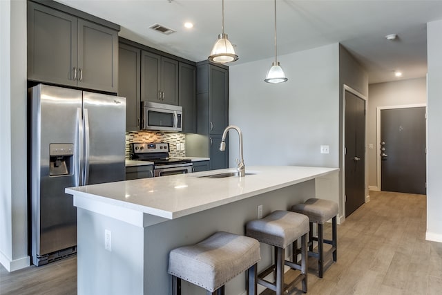 kitchen with a center island with sink, sink, appliances with stainless steel finishes, and light hardwood / wood-style floors