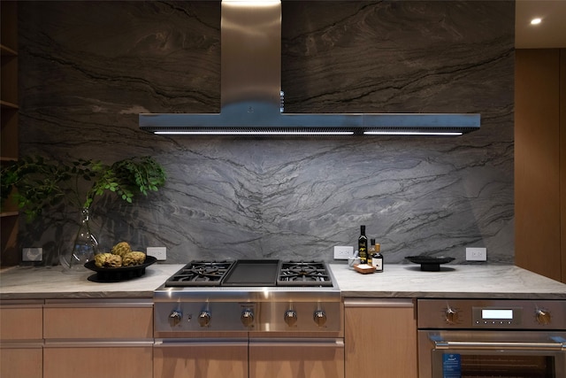 kitchen with range hood, backsplash, and stainless steel appliances