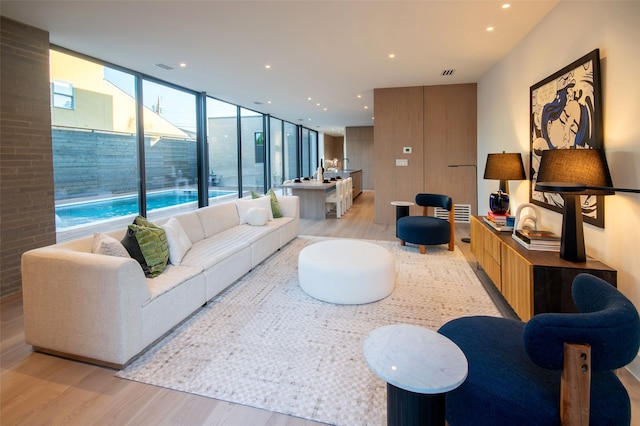 living room with a wall of windows, light wood-type flooring, and plenty of natural light