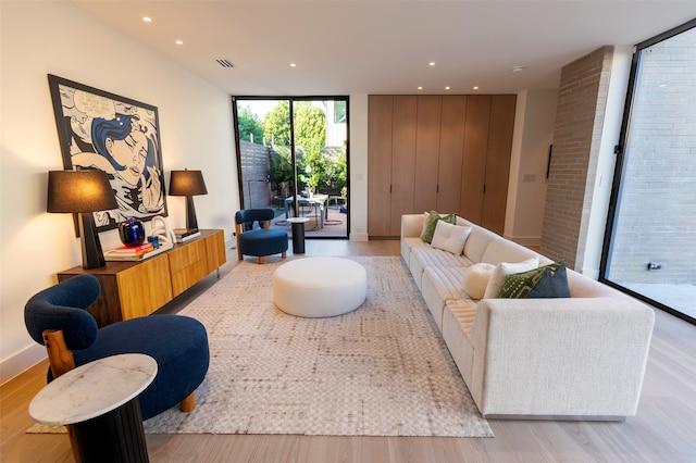 living room featuring expansive windows and light hardwood / wood-style flooring