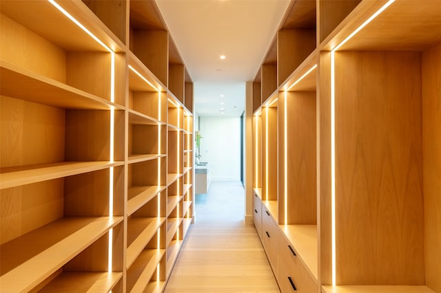 walk in closet with light hardwood / wood-style floors