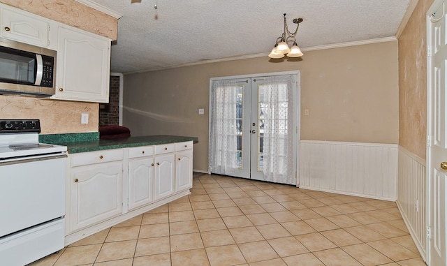 kitchen with ornamental molding, white cabinetry, white electric stove, and pendant lighting