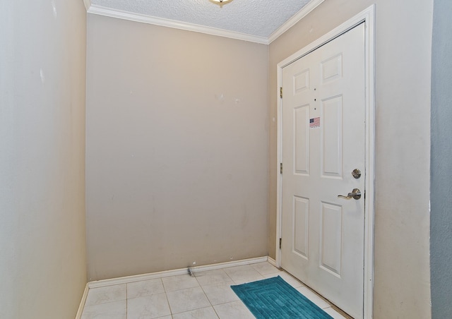 doorway to outside featuring crown molding, a textured ceiling, and light tile patterned floors