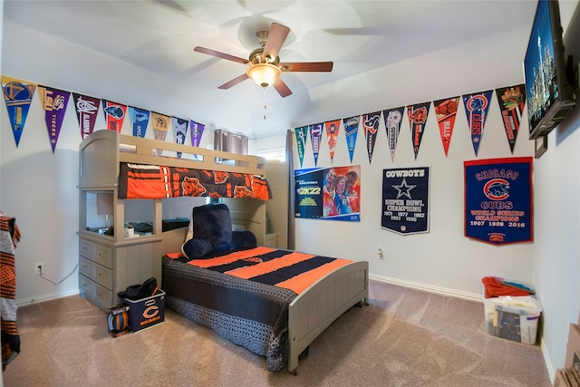 carpeted bedroom with ceiling fan