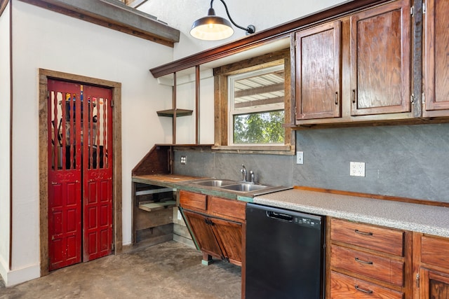 kitchen featuring black dishwasher, sink, concrete flooring, and tasteful backsplash