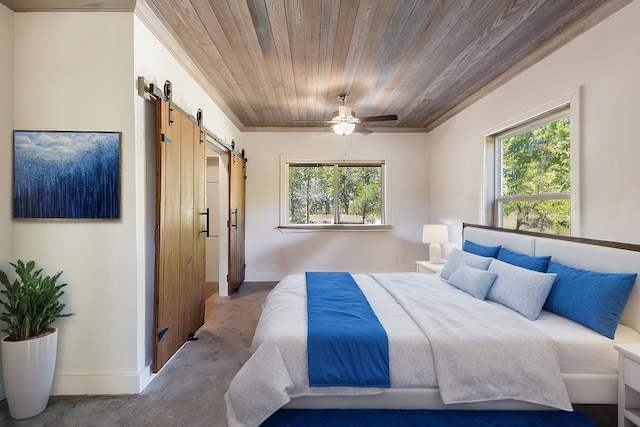 bedroom featuring carpet, a barn door, wooden ceiling, and ceiling fan