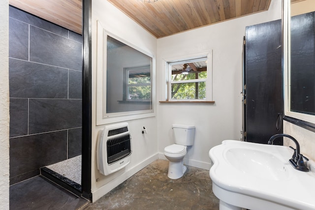 bathroom with concrete floors, sink, toilet, wooden ceiling, and heating unit