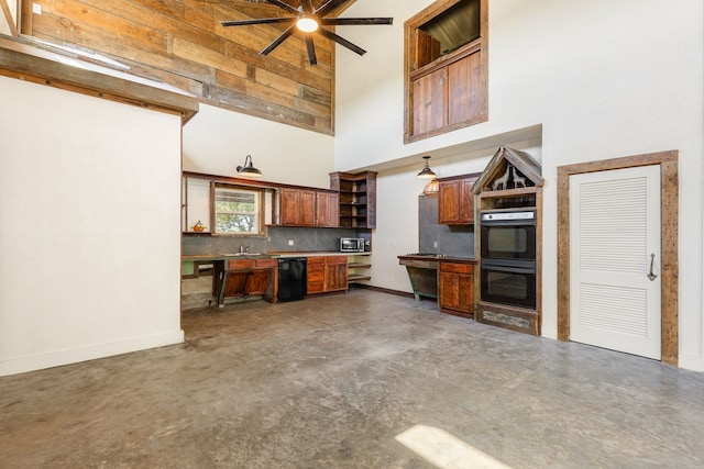 kitchen featuring tasteful backsplash, ceiling fan, black appliances, a high ceiling, and sink