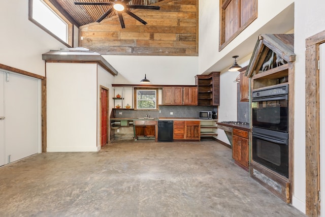 kitchen with concrete floors, black appliances, ceiling fan, high vaulted ceiling, and decorative backsplash