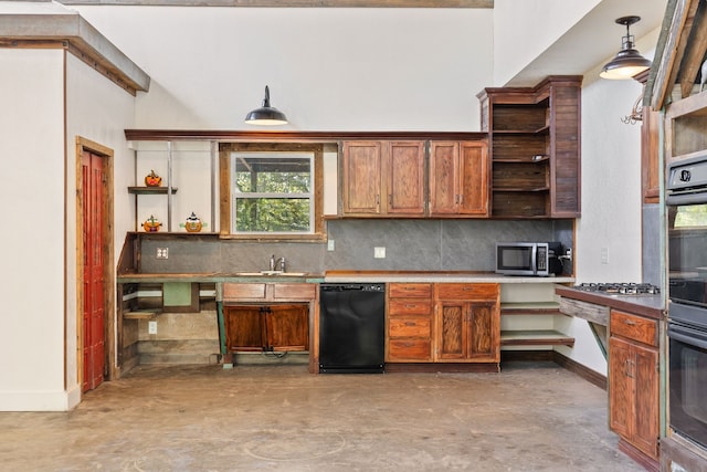 kitchen with dishwasher, pendant lighting, concrete floors, and tasteful backsplash