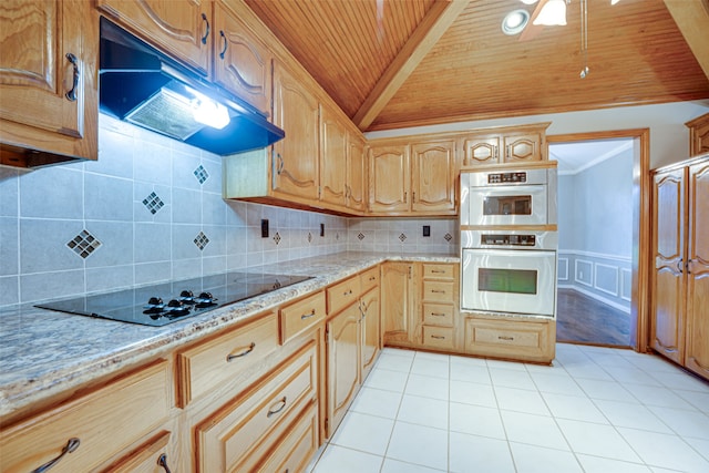 kitchen featuring backsplash, ornamental molding, black electric cooktop, double oven, and wooden ceiling