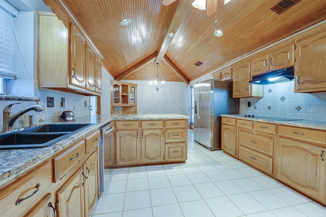 kitchen featuring appliances with stainless steel finishes, backsplash, wood ceiling, sink, and pendant lighting