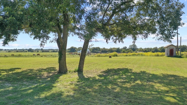 view of yard with a shed and a rural view