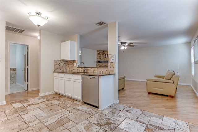 kitchen featuring ceiling fan, white cabinetry, light wood-type flooring, dishwasher, and sink