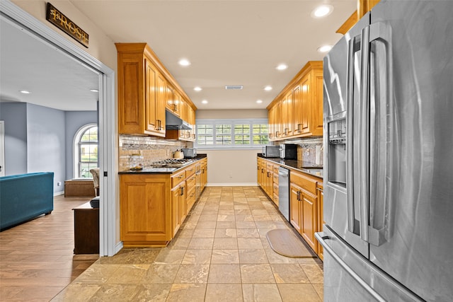 kitchen featuring a healthy amount of sunlight, backsplash, stainless steel appliances, and light hardwood / wood-style flooring