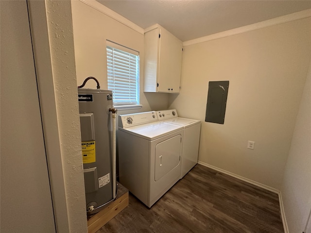 washroom featuring cabinets, electric water heater, electric panel, dark hardwood / wood-style floors, and washer and clothes dryer