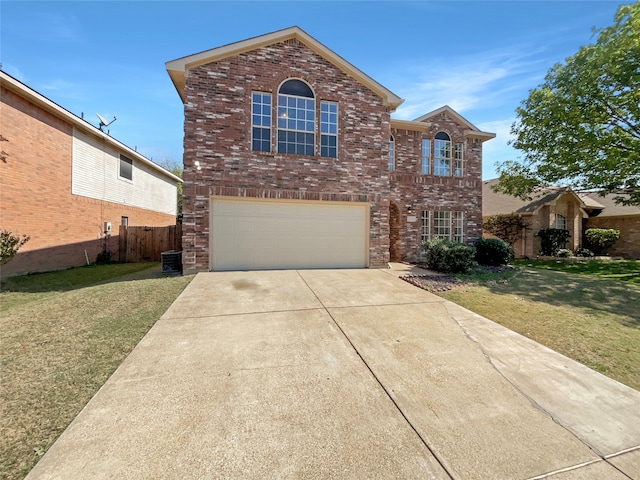 view of front property with central AC, a front lawn, and a garage