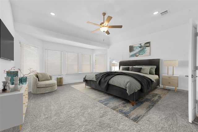 carpeted bedroom featuring ceiling fan