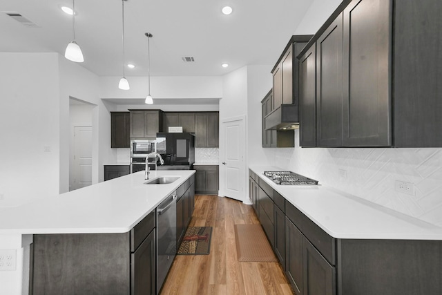 kitchen featuring sink, hanging light fixtures, an island with sink, hardwood / wood-style flooring, and appliances with stainless steel finishes