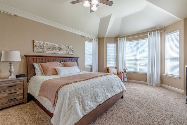 bedroom featuring lofted ceiling, light carpet, and ceiling fan