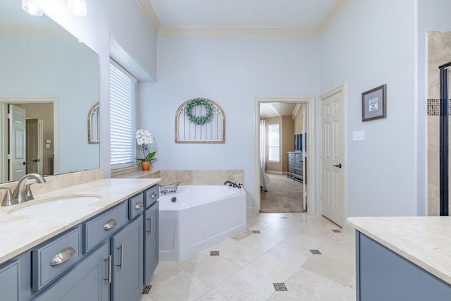 bathroom with vanity, ornamental molding, plus walk in shower, and tile patterned floors