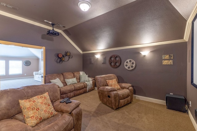 carpeted cinema with ornamental molding, vaulted ceiling, and a textured ceiling