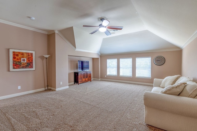 unfurnished living room with ornamental molding, vaulted ceiling, light colored carpet, and ceiling fan