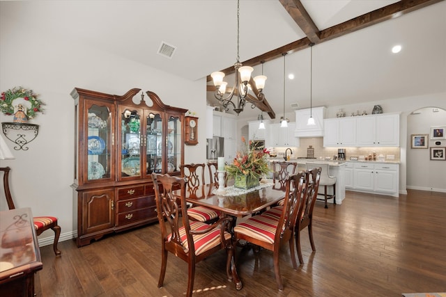 dining room featuring beam ceiling, high vaulted ceiling, dark hardwood / wood-style flooring, and an inviting chandelier