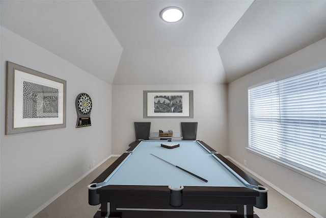 playroom featuring lofted ceiling, pool table, and carpet flooring