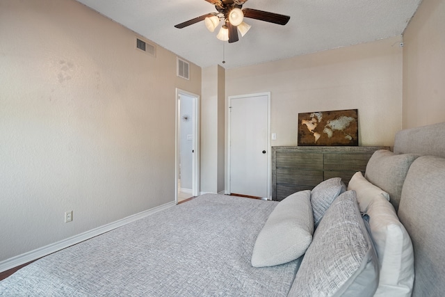 bedroom featuring a textured ceiling and ceiling fan