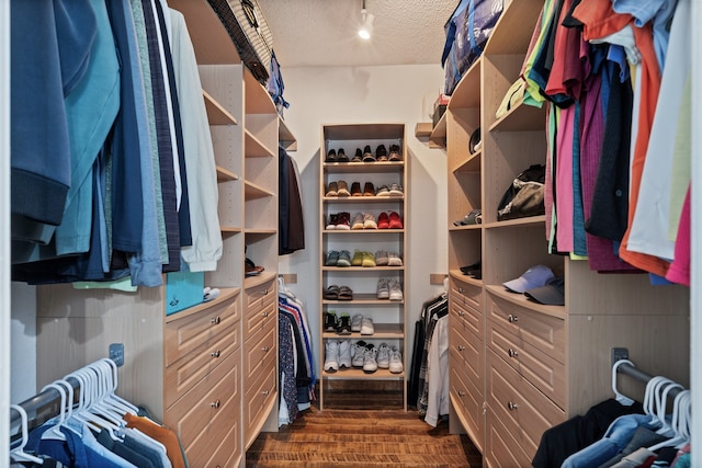 walk in closet with dark wood-type flooring