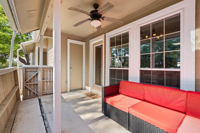 view of patio with french doors, an outdoor hangout area, and ceiling fan