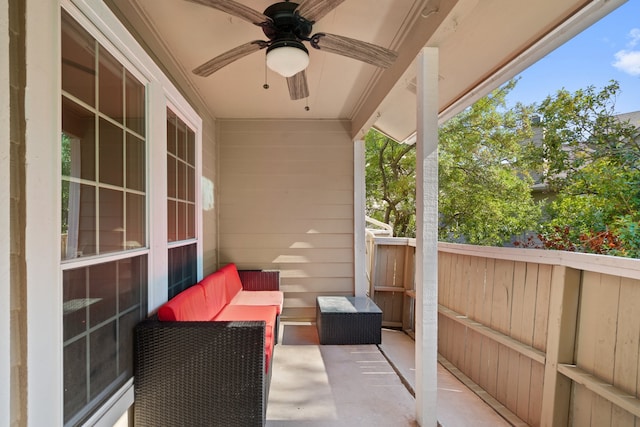 balcony featuring ceiling fan and a patio area