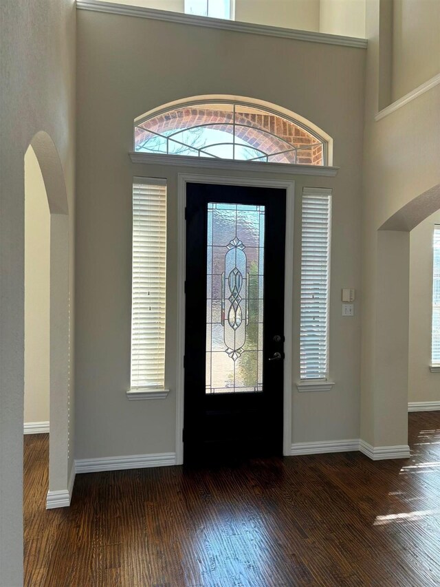 foyer entrance with a towering ceiling and dark hardwood / wood-style floors