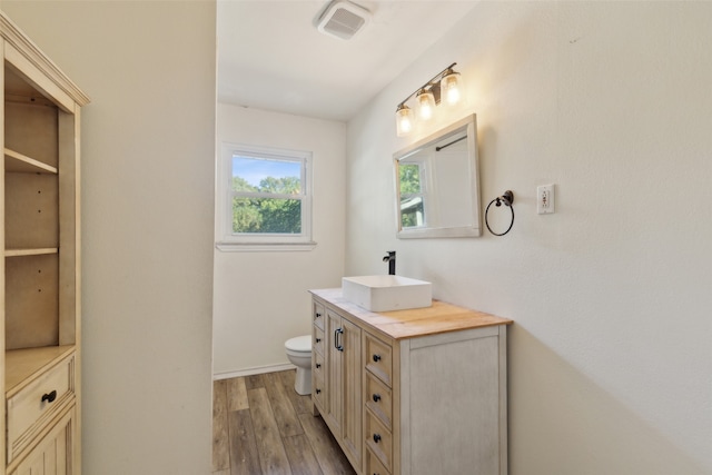 bathroom with vanity, wood-type flooring, and toilet