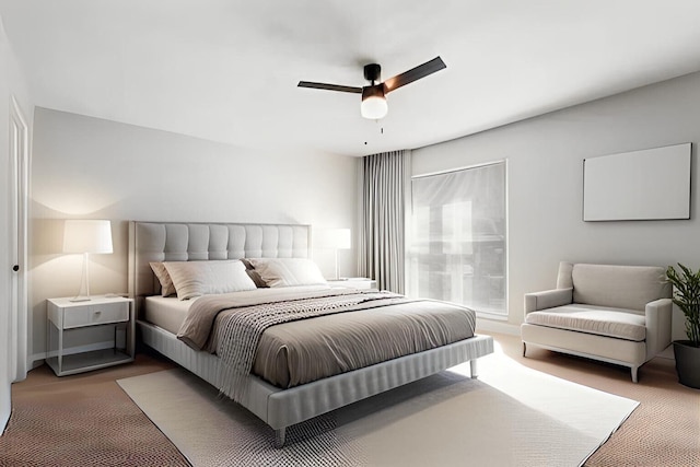 carpeted bedroom with ceiling fan